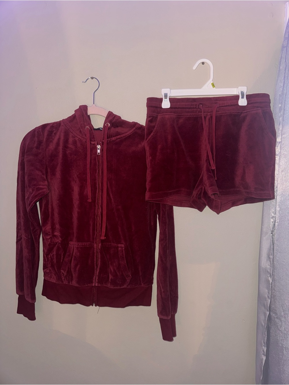 Fashion Nova Women's Burgundy Velour Zip Hoodie & Shorts Set